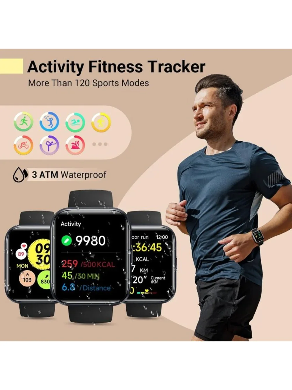 Stylish 1.8'' Fitness Tracker Smartwatch for All, Waterproof, Heart Rate